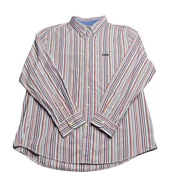 Chaps Easy Care Long Sleeve Button Up Shirt Mens XL Red White Blue Stripe Preppy - Picture 1 of 11